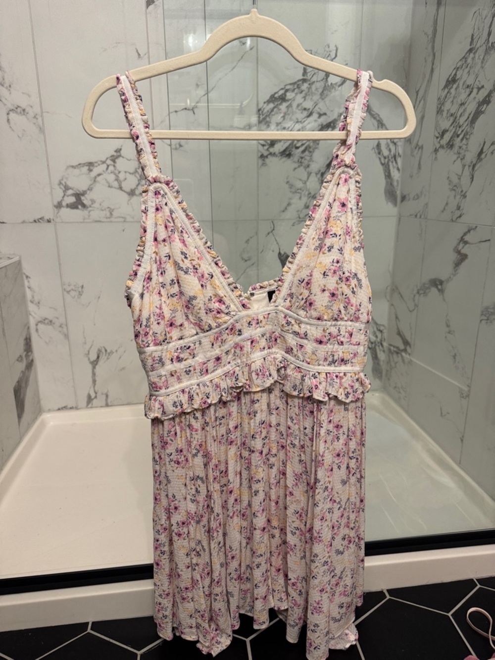 MAJORELLE Cream Floral Ruffle Sundress with Pink & Purple Accents